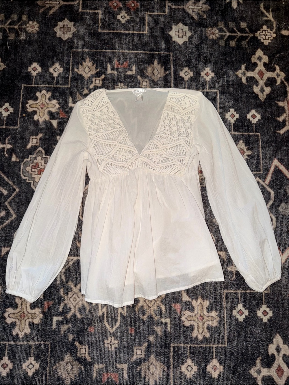 VENUS White Crochet-Trim V-Neck Boho Blouse